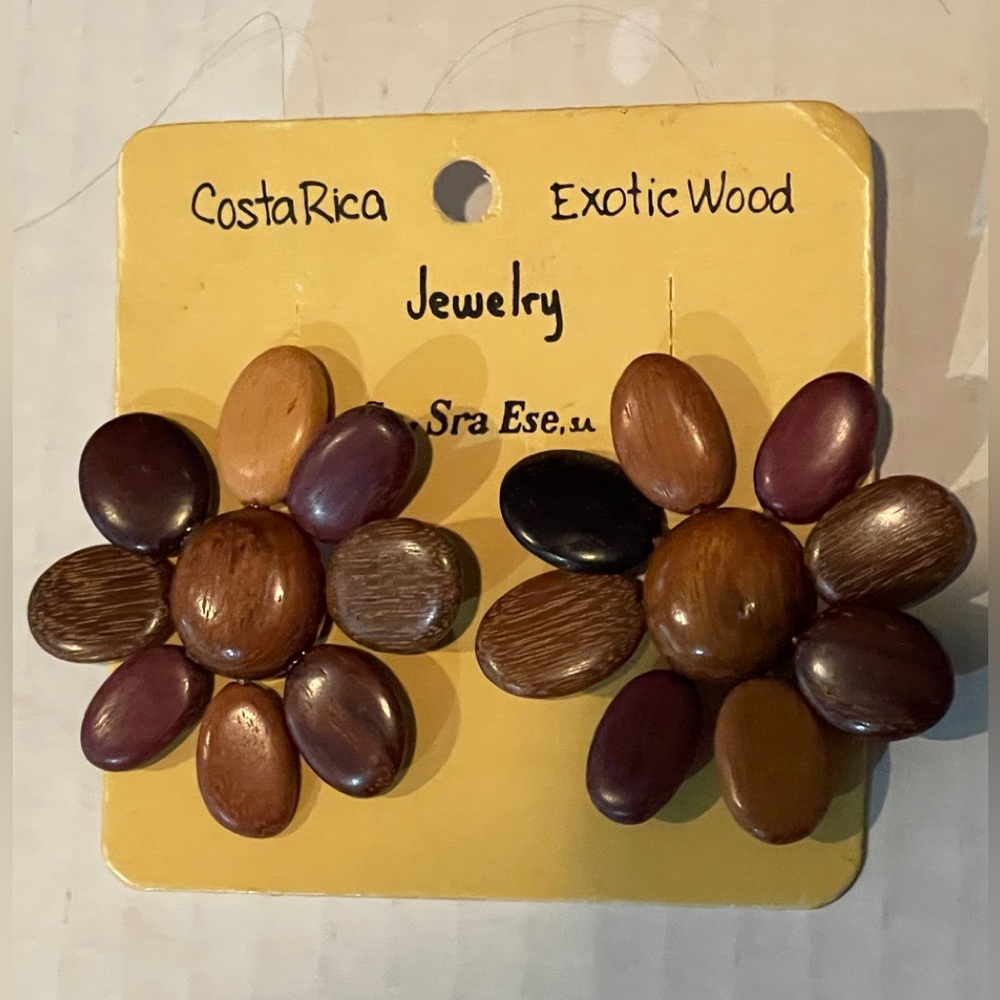 Exotic Wood Flower Pierced Earrings Costa Rica